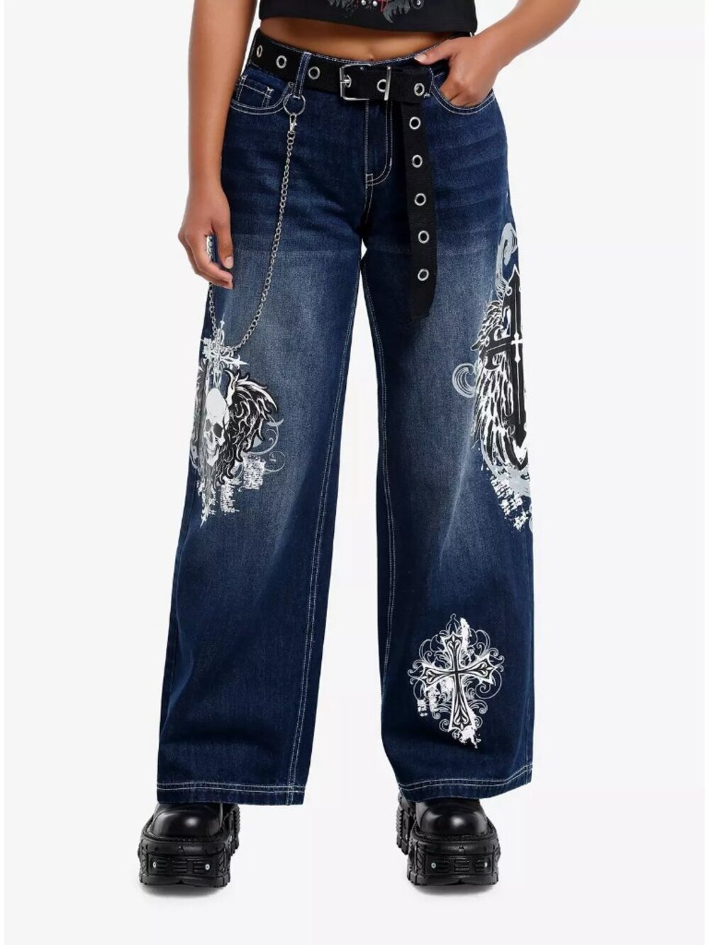 HOT TOPIC Skull & Gothic Cross Dark Wash Stretch Denim Wide Leg Jeans, Size 3